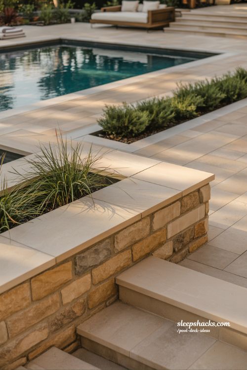 Hidden pool equipment retaining wall with modern stone pool deck and luxury backyard design 