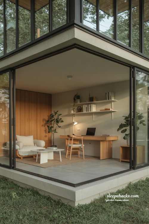 Hybrid garden room ideas work and relaxation space with balanced modern minimalist dual zone interior design