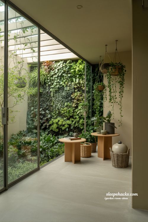 Indoor green garden room ideas biophilic design with vertical plants and calming natural indoor space