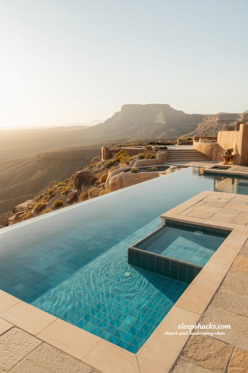 Infinity edge desert pool overlooking mountain view luxury backyard design at sunset