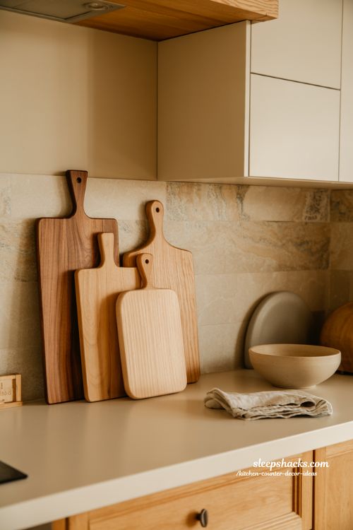 Kitchen counter decor ideas with leaning cutting boards for warm natural kitchen styling 