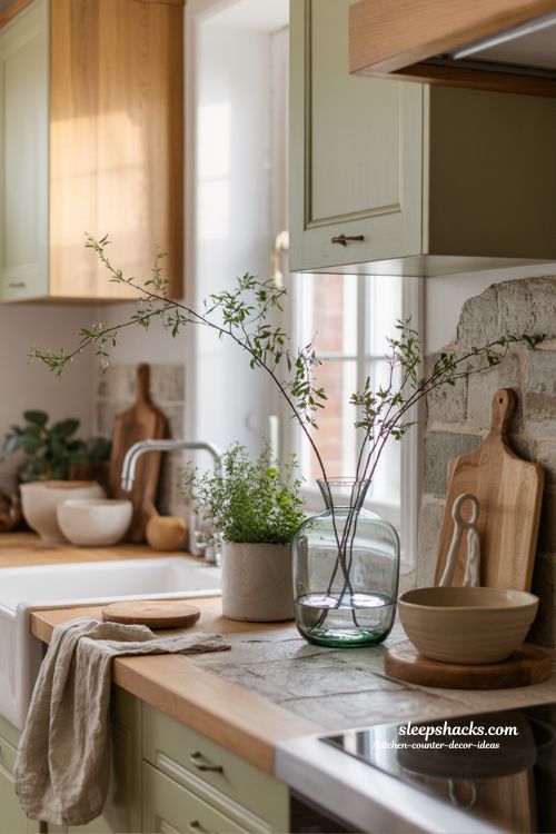 Kitchen counter decor ideas with natural touches and organic warmth 