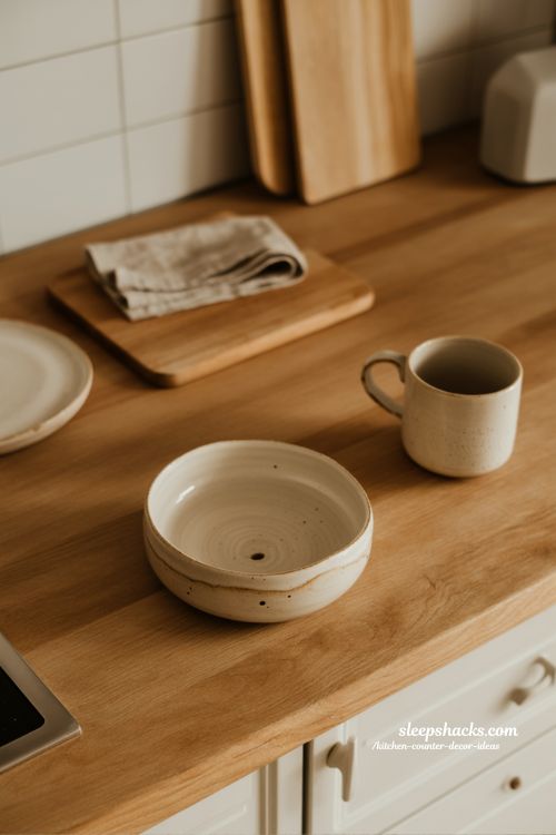 Kitchen counter decor ideas with personal meaningful objects for a warm lived-in kitchen 