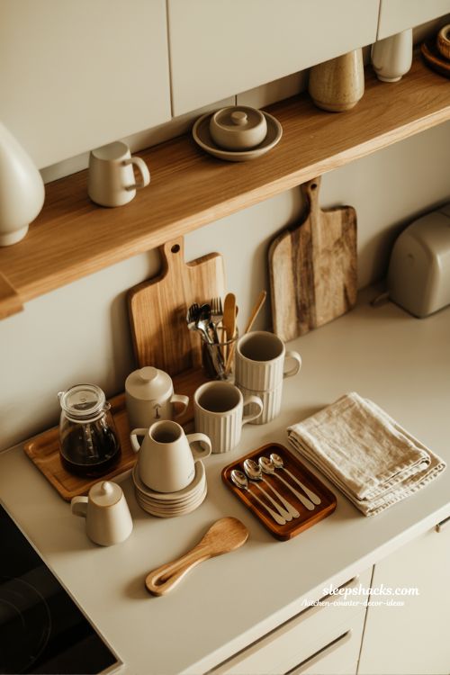 Kitchen counter decor ideas with small organized routine station for coffee and tea flow 