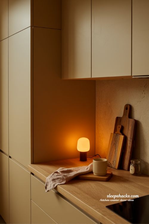 Kitchen counter decor ideas with soft warm lamp lighting for cozy evening kitchens 
