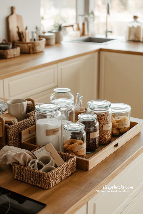 Kitchen counter decor ideas with visible storage styling using glass jars and baskets 