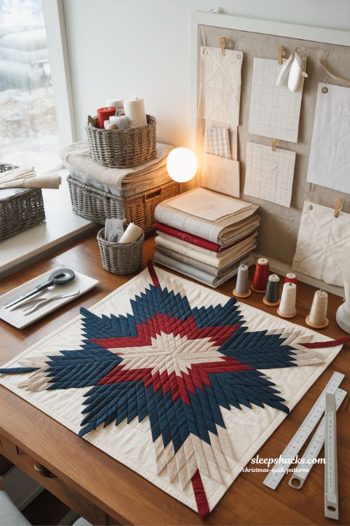 Knitted star christmas quilt block in cozy paper piecing sewing studio with navy red and cream fabrics