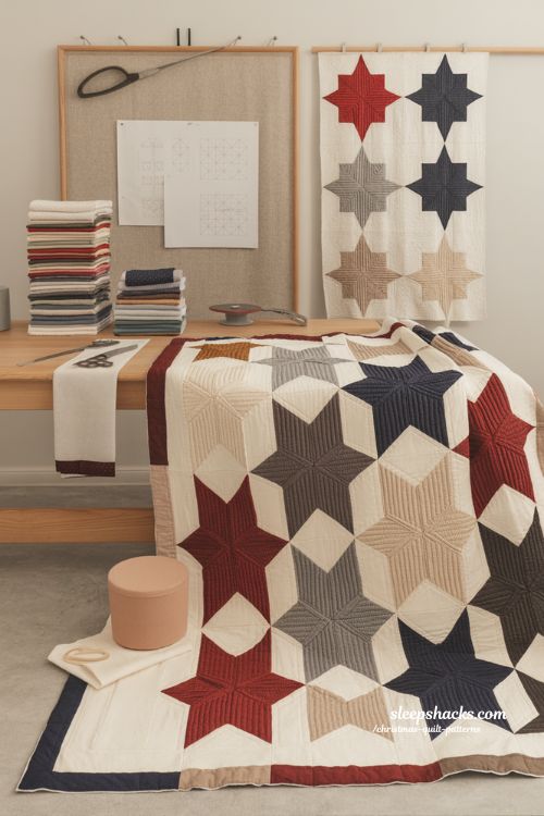 Knitted star throw quilt pattern in navy red cream paper piecing design on modern quilting design wall::: 