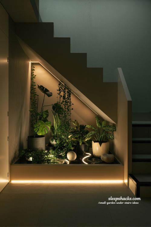LED lit garden under stairs with glowing indoor plants and modern ambient lighting design 