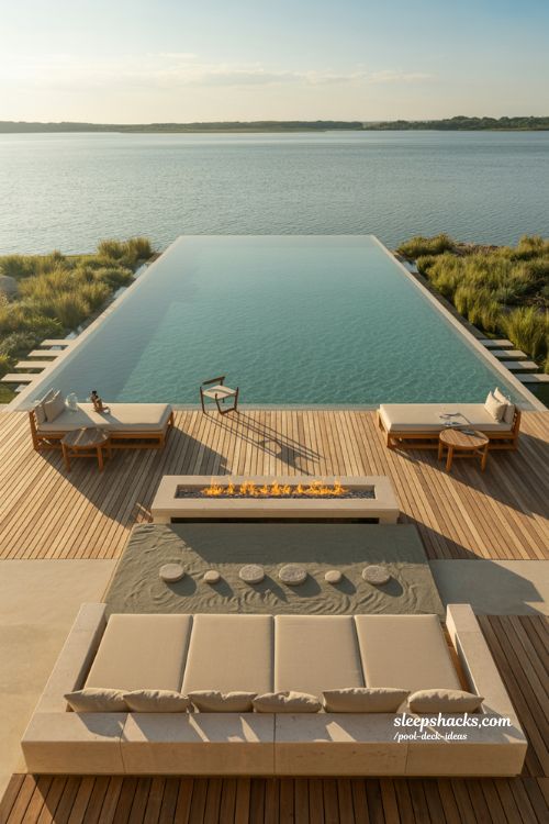 Lakefront negative edge pool deck with luxury infinity design and natural resort landscape 