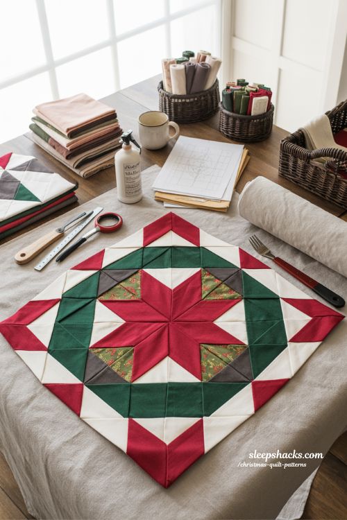 Laundry basket quilts holiday block with bold festive geometric quilt design 