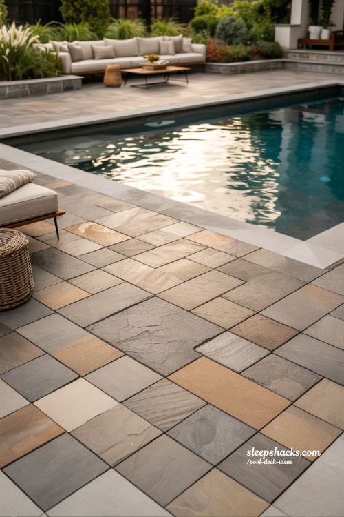 Light toned paver pool deck that stays cool underfoot with modern resort backyard design 