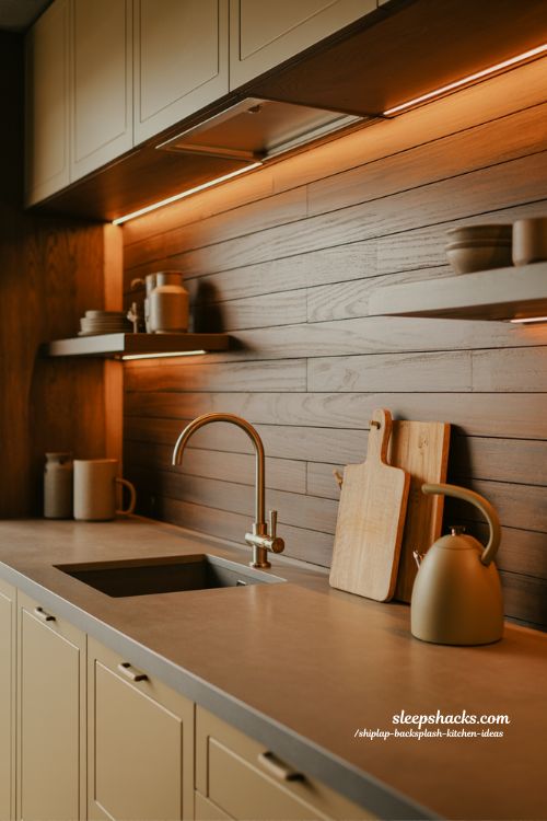 Lighting ideas for shiplap backsplash kitchen with warm under cabinet glow and cozy evening farmhouse atmosphere