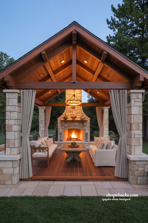 Luxury gazebo outdoor living room ideas with fireplace and curtains design