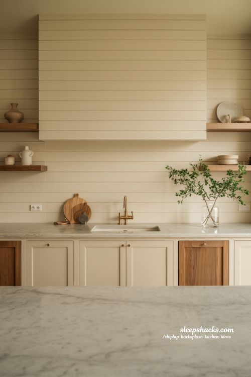 Luxury kitchen ideas with soft shiplap backsplash warm wood texture and elegant marble modern design