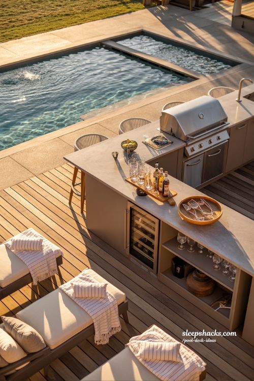 Luxury poolside outdoor kitchen with modern pool deck and resort style entertaining area 