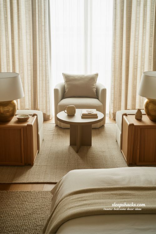 Master bedroom decor ideas with sitting area and cozy suite style bedroom design 