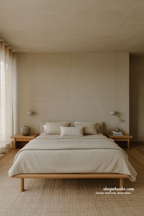 Master bedroom decor ideas with Japandi minimalist calm and clutter free bedroom styling 