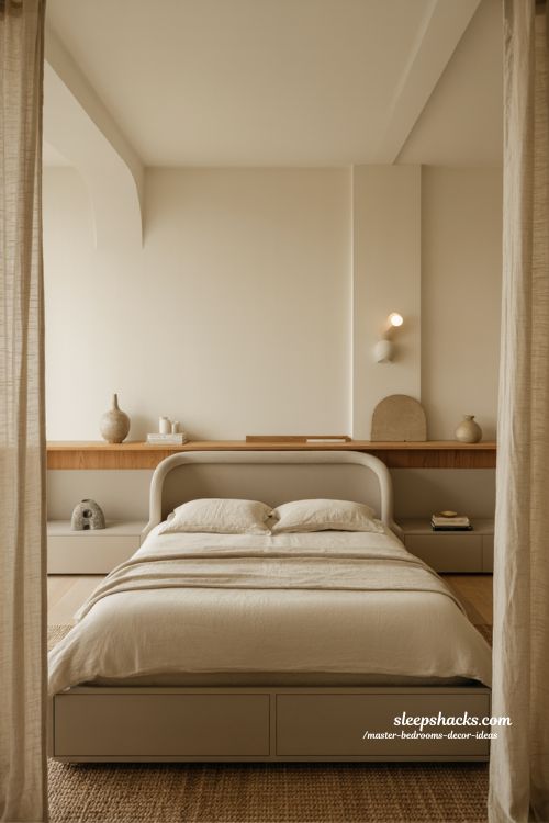 Master bedroom decor ideas with invisible storage and clutter free minimalist bedroom design 
