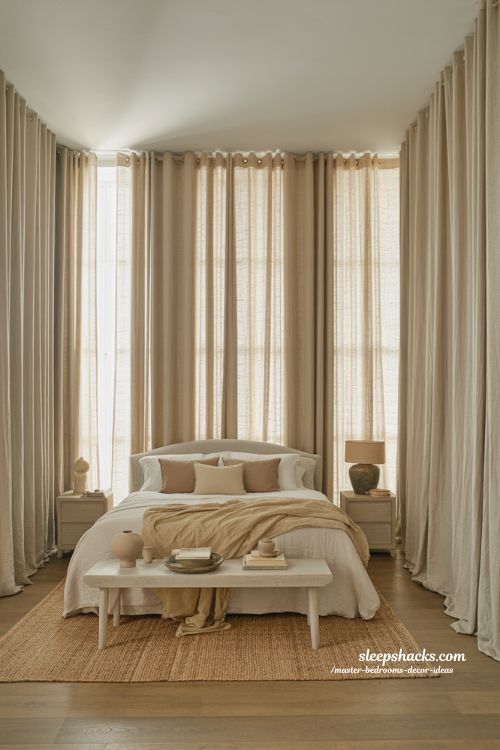 Master bedroom decor ideas with full length drapery and elegant soft window styling 