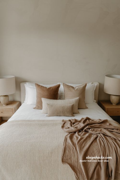 Master bedroom decor ideas with layered fabric textures and cozy tactile bedroom styling 