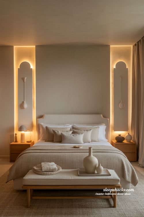 Master bedroom decor ideas with layered lighting and warm relaxing atmosphere 