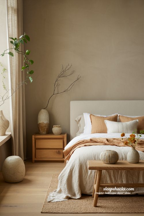 Master bedroom decor ideas with natural elements and biophilic calm bedroom design 