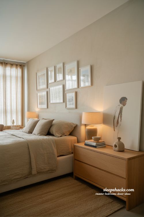 Master bedroom decor ideas with personal meaningful wall art and cozy curated bedroom styling 