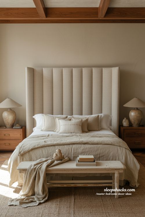 Master bedroom decor ideas with statement bed and warm timeless styling 