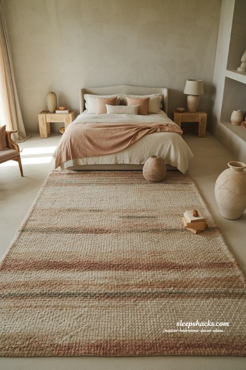 Master bedroom decor ideas with statement rug and warm layered bedroom flooring design 