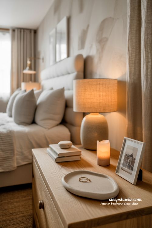 Master bedroom decor ideas with styled nightstand vignette and cozy bedside styling inspiration 