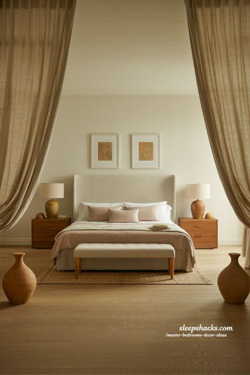 Master bedroom decor ideas with symmetrical design for calm balanced bedroom styling 