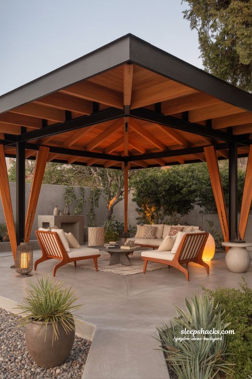 Mid century modern backyard gazebo ideas with butterfly roof design