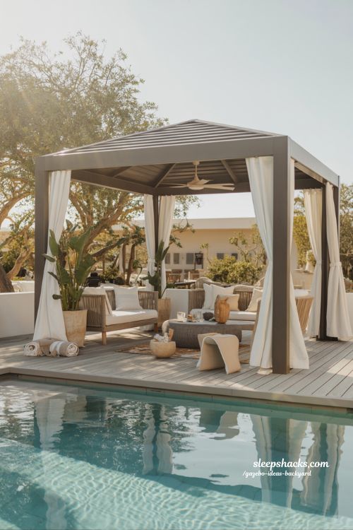 Mid century modern backyard gazebo ideas with butterfly roof design