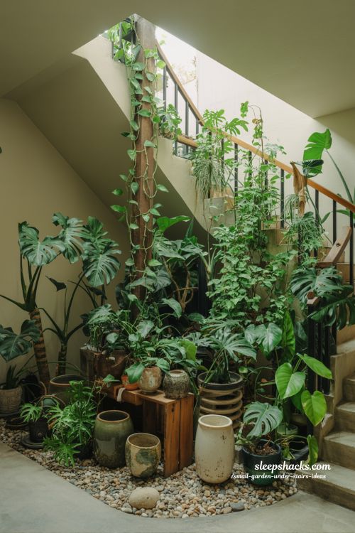 Mini jungle under stairs design with lush indoor plants and layered greenery 