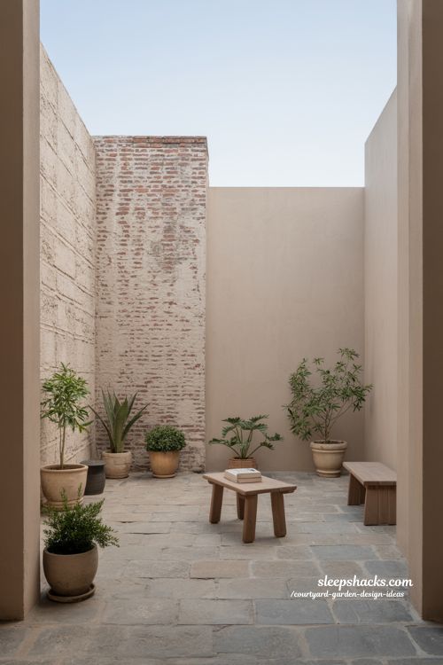 Minimal courtyard garden with simple stone and brick materials for calm design