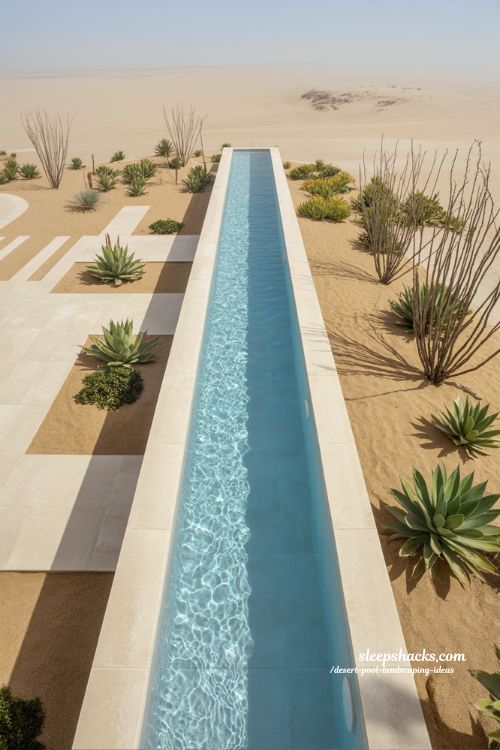 Minimal desert lap pool with linear water feature landscaping ideas modern backyard design with agave plants
