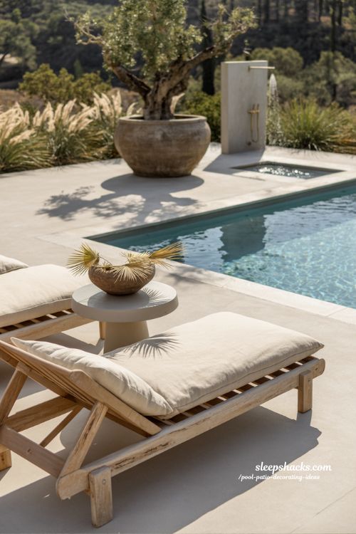 Minimalist pool deck styling with natural wood and linen for calm outdoor living