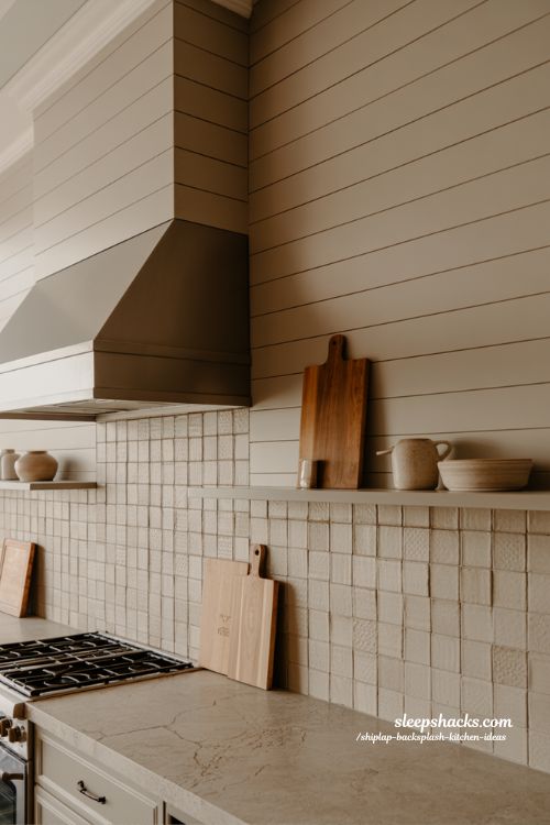 Mixing shiplap backsplash with tile and stone kitchen ideas for layered modern farmhouse design contrast