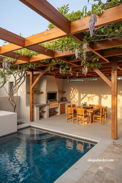 Modern backyard pool with timber pergola outdoor kitchen built in grill and shaded dining area with warm natural garden lifestyle design