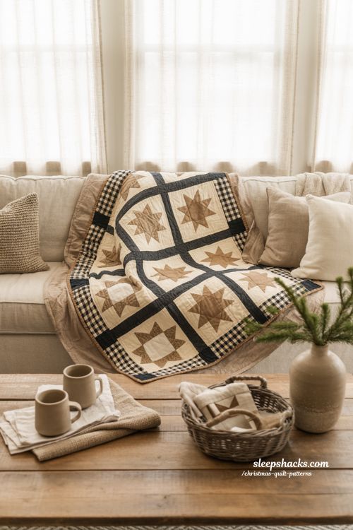 Modern farmhouse christmas quilt with buffalo check and ohio star blocks cozy neutral holiday decor