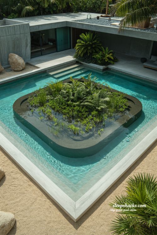 Modern island style natural pool with concrete edges tropical lagoon backyard eco resort design with central planted island
