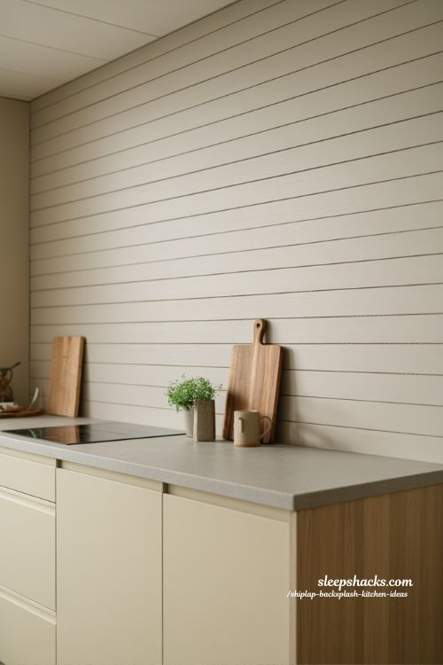 Modern minimalist kitchen ideas with subtle shiplap backsplash texture and soft Scandinavian calm design