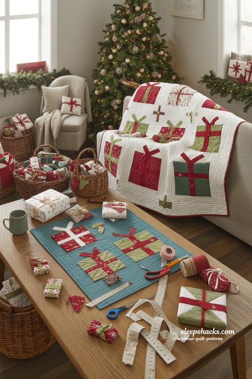 Modern presents quilt pattern with colorful Christmas gift block design 