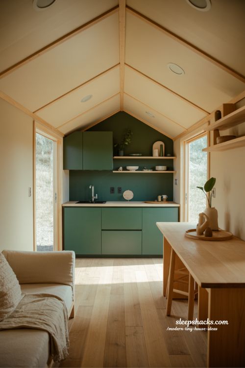 Modern tiny house ideas color psychology deep green kitchen accent calming small space interior mood design