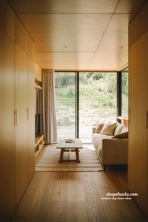Modern tiny house ideas glass walls natural light interior small home design bright open space living concept