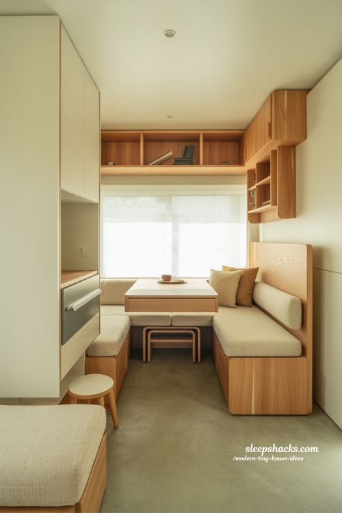Modern tiny house ideas multi functional furniture space saving foldable sofa desk dining compact living design