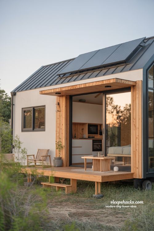 Modern tiny house ideas sustainable living eco friendly solar tiny home reclaimed wood design green architecture concept