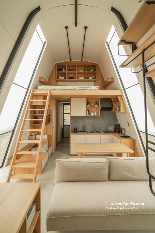 Modern tiny house ideas vertical storage tall shelving loft cabinets small space organization design maximize height living