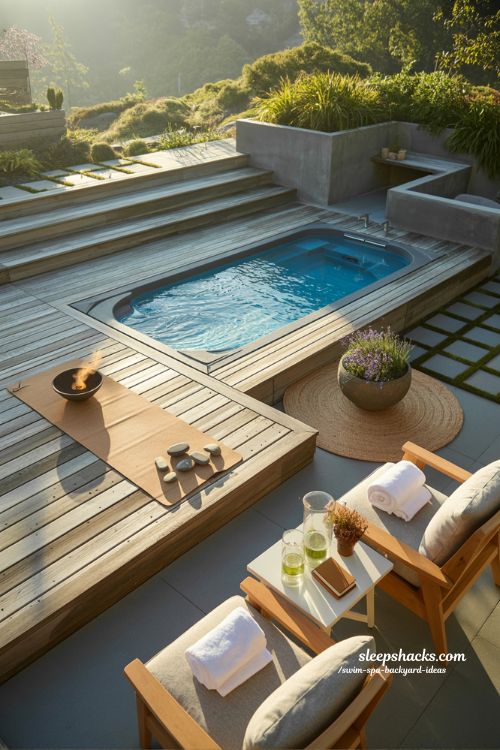 Modern wellness backyard with integrated swim spa, cedar yoga deck, and natural stone features